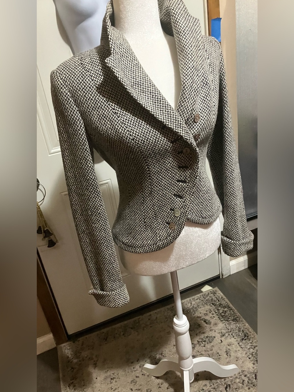 Tailored Houndstooth Asymmetric Blazer Jacket - Black & White Fitted and Sexy